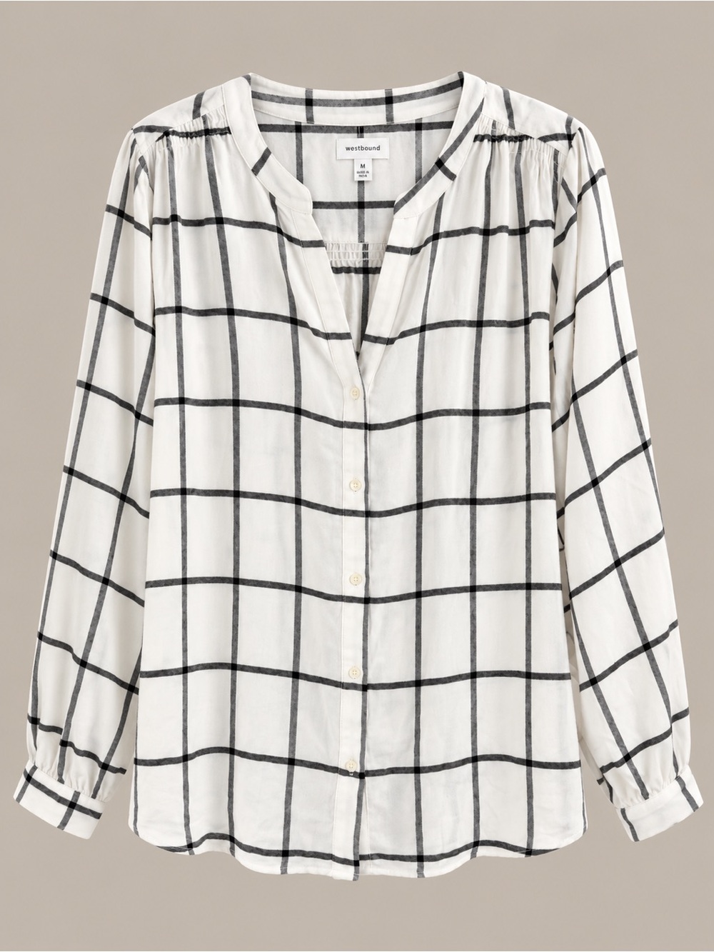 westbound White and Black Windowpane Button-Front Blouse
